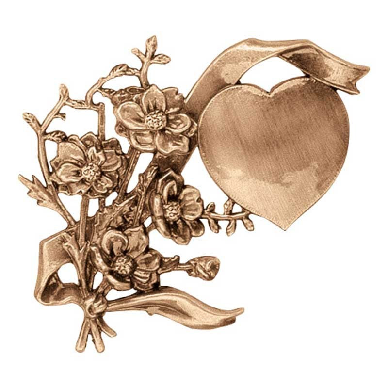 Decorazione in bronzo per lapidi - cuore con fiori 12x12cm - Applicazione a parete 3147