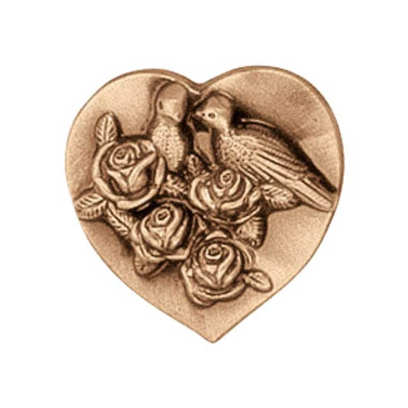 Decorazione in bronzo per lapidi - cuore con colombe 5,5cm - Applicazione a parete 3567