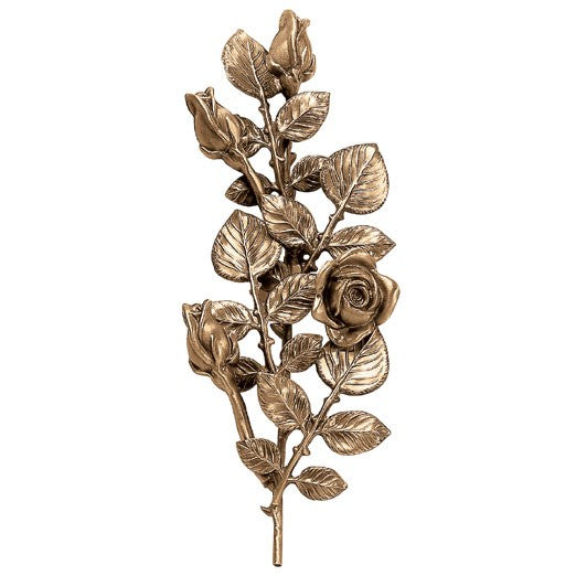 Décoration florale pour pierres tombales - Branche avec roses fleuries et bourgeons centraux 15x40cm bronze - Pour montage mural 55002