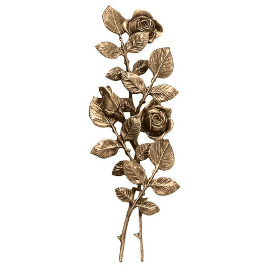 Decorazione floreale per lapidi - Ramo con rose fiorite e boccioli centrali 15x40cm in bronzo - Per applicazione a parete 55003